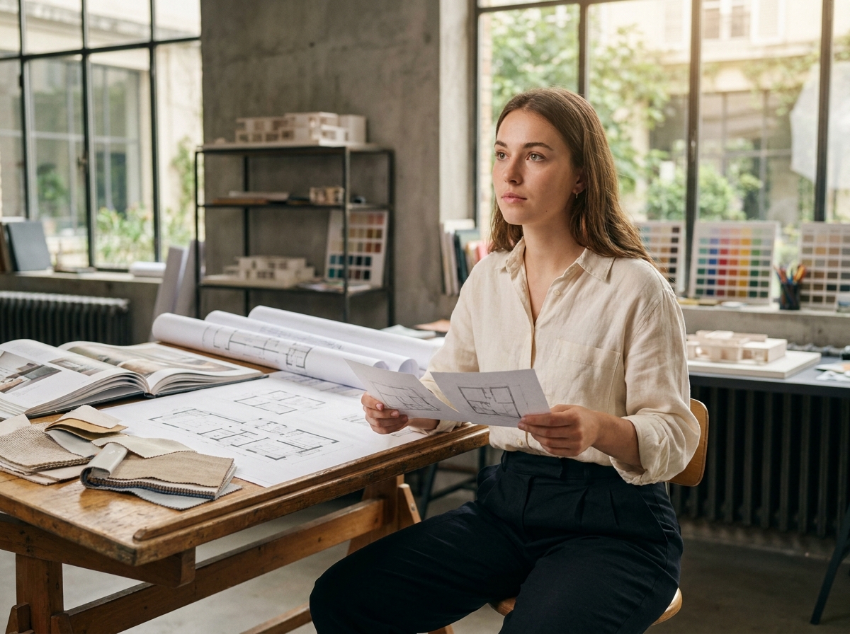 Étudiante en architecture d'intérieur comparant des plans et des échantillons de matériaux dans un studio universitaire