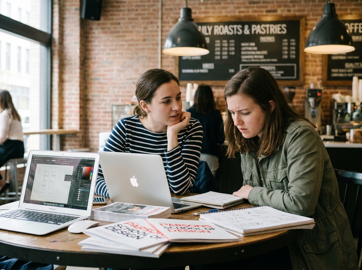 Deux étudiantes hésitant entre architecture d'intérieur et école de design en consultant des brochures dans un café universitaire