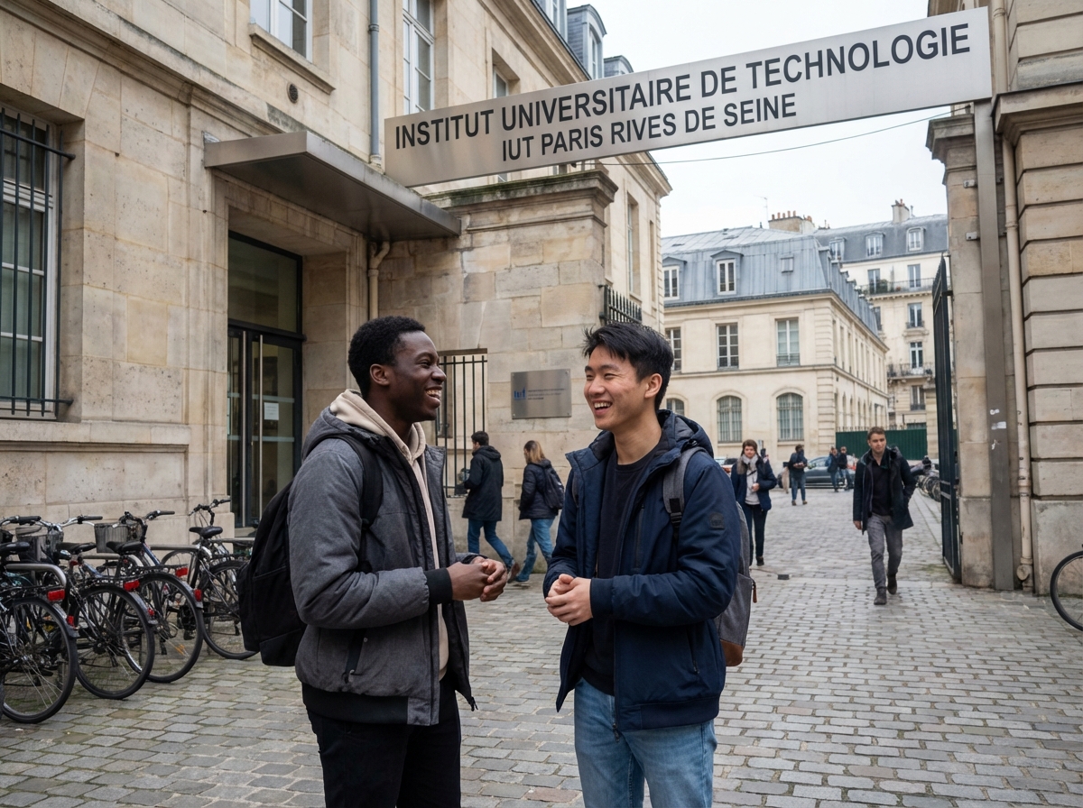 Deux étudiants discutant devant un bâtiment IUT à Paris