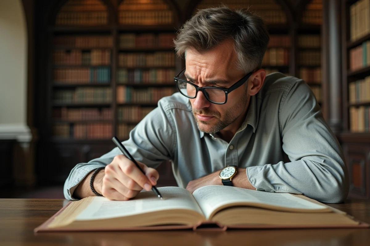 Homme consultant un dictionnaire d'étymologie latine montrant les termes ante meridiem et post meridiem dans une bibliothèque universitaire