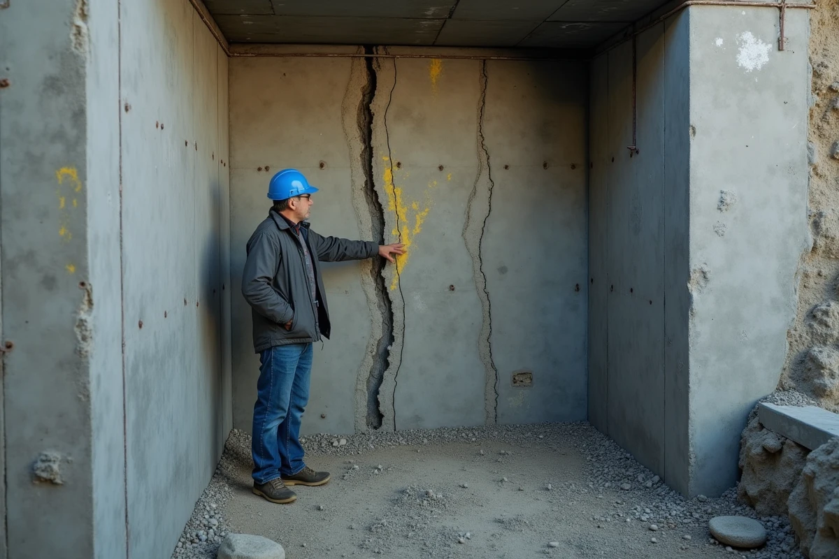 Spécialiste en fondations évaluant des fissures structurelles dans un sous-sol en béton armé lors d'une expertise avant projet