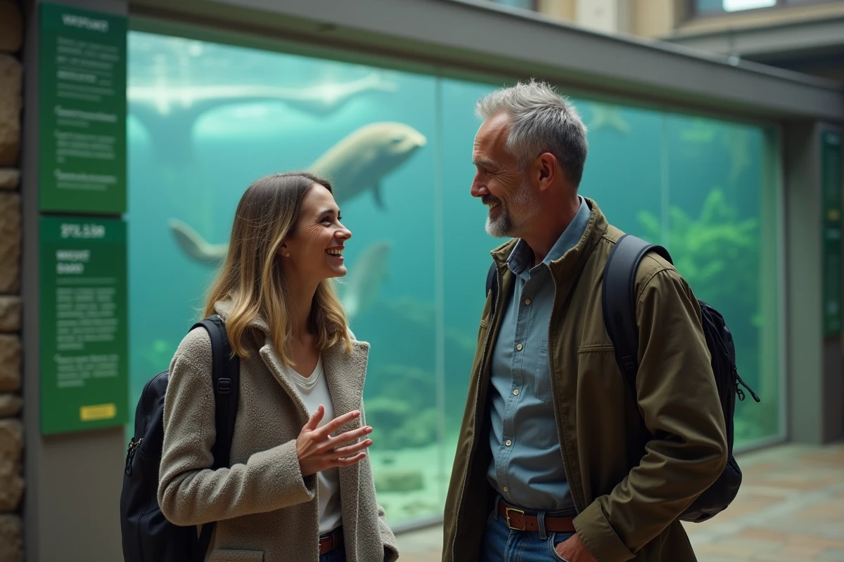 Homme et femme regardent un habitat aquatique au zoo