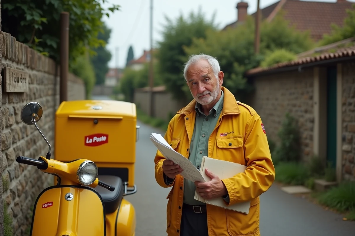 Facteur rural français tenant une lettre adressée à un lieu-dit devant un panneau de hameau sur une route de campagne