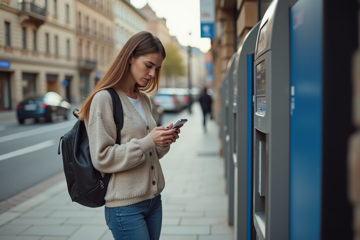 Jeune femme vérifiant son téléphone à un ATM en ville