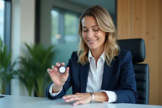 Femme d'affaires examine capteurs biométriques sur ses doigts