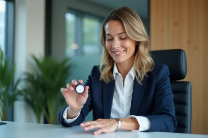Femme d'affaires examine capteurs biométriques sur ses doigts