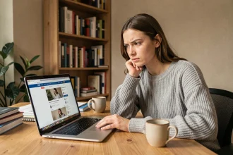 Jeune femme analysant un site web sur son ordinateur portable dans un bureau à domicile, expression dubitative