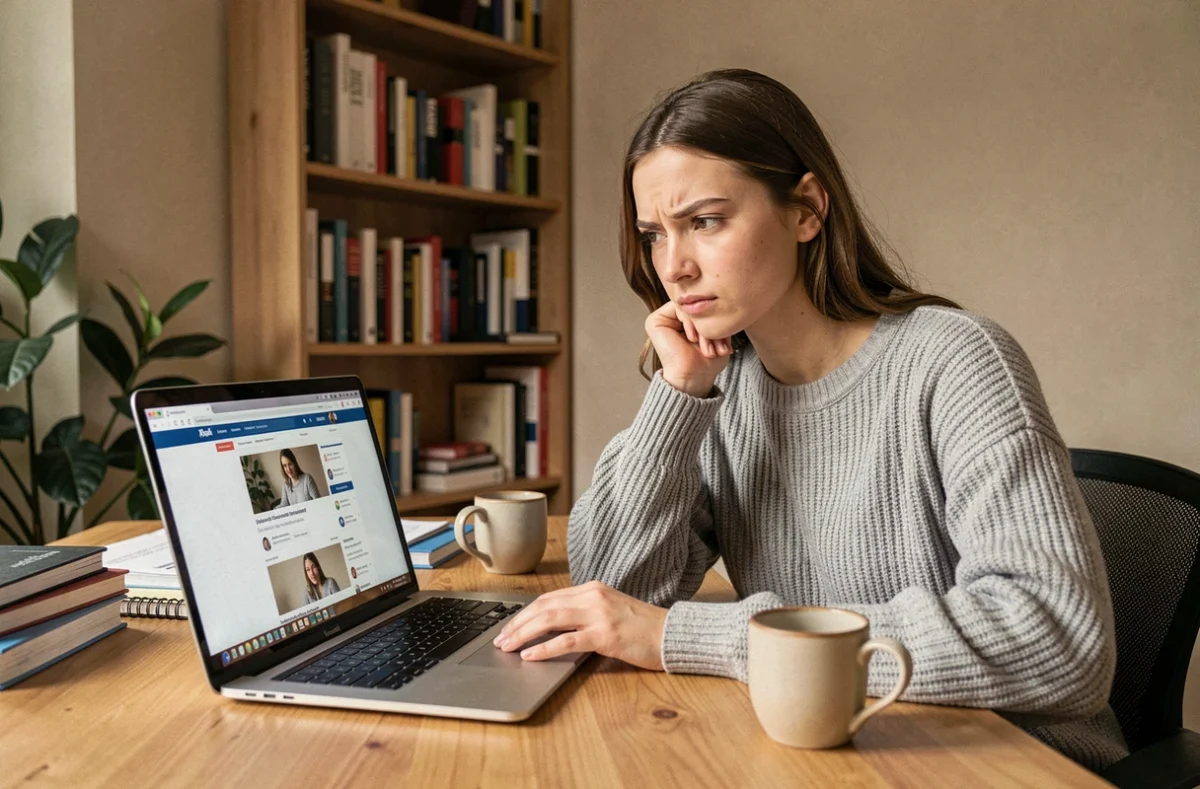 Jeune femme analysant un site web sur son ordinateur portable dans un bureau à domicile, expression dubitative