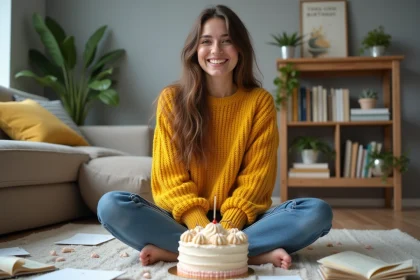 Femme souriante en pull jaune dans un salon convivial
