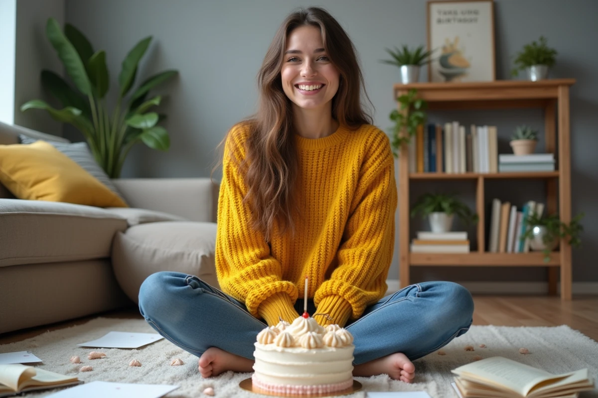 Femme souriante en pull jaune dans un salon convivial