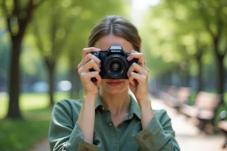 Femme tenant un appareil photo compact en extérieur dans un parc urbain, idéal pour comparer les compacts pour portraits