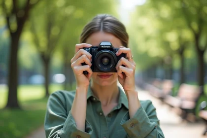 Femme tenant un appareil photo compact en extérieur dans un parc urbain, idéal pour comparer les compacts pour portraits