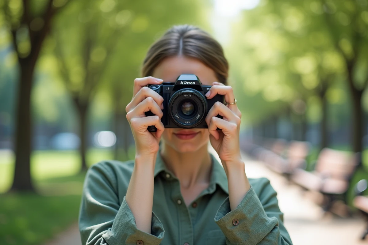 Femme tenant un appareil photo compact en extérieur dans un parc urbain, idéal pour comparer les compacts pour portraits