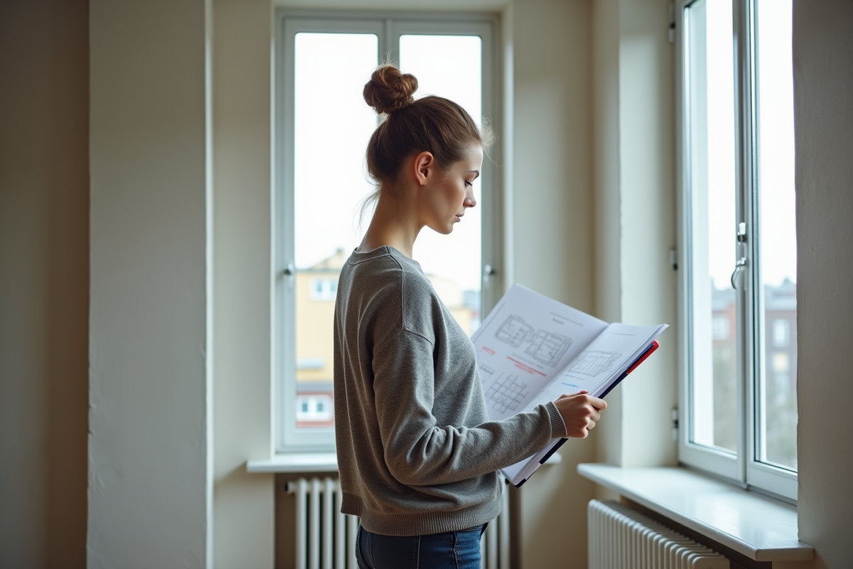 Jeune femme vérifiant des plans dans un appartement rénové