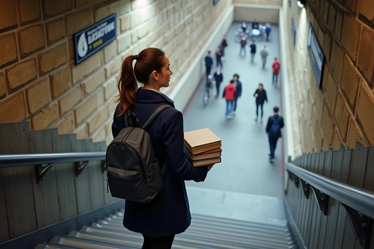 Jeune femme montant les escaliers du métro parisien