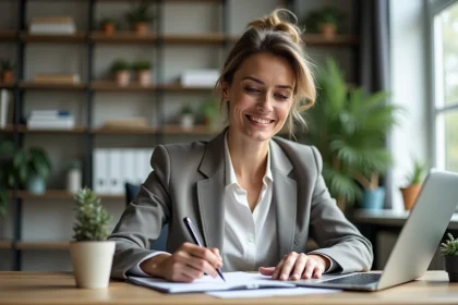 Femme professionnelle assise &agrave; son bureau moderne