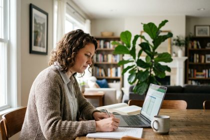 Femme en tenue de bureau à la maison travaillant sur son ordinateur
