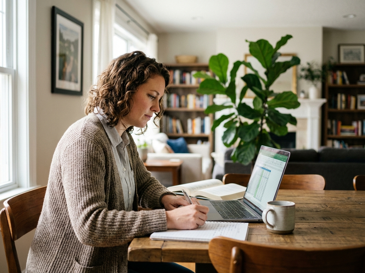 Femme en tenue de bureau à la maison travaillant sur son ordinateur