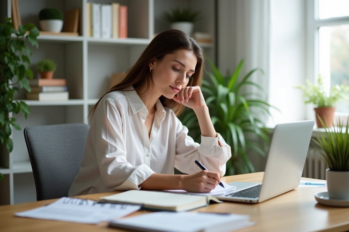 Femme concentrée dans un bureau moderne et organisé