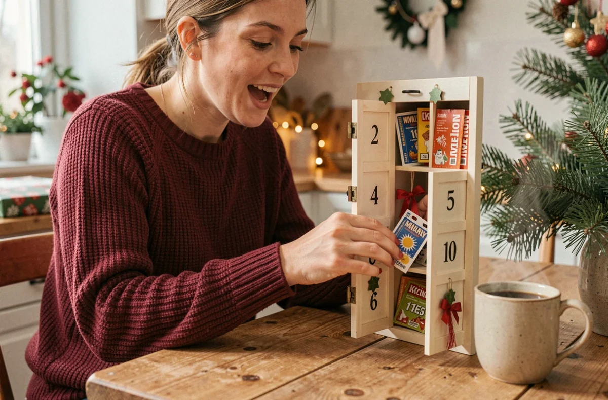 Femme ouvrant une case du calendrier de l'avent FDJ avec des tickets à gratter à l'intérieur, ambiance chaleureuse de Noël