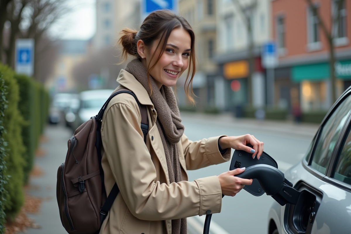 Jeune femme chargeant sa voiture électrique en extérieur