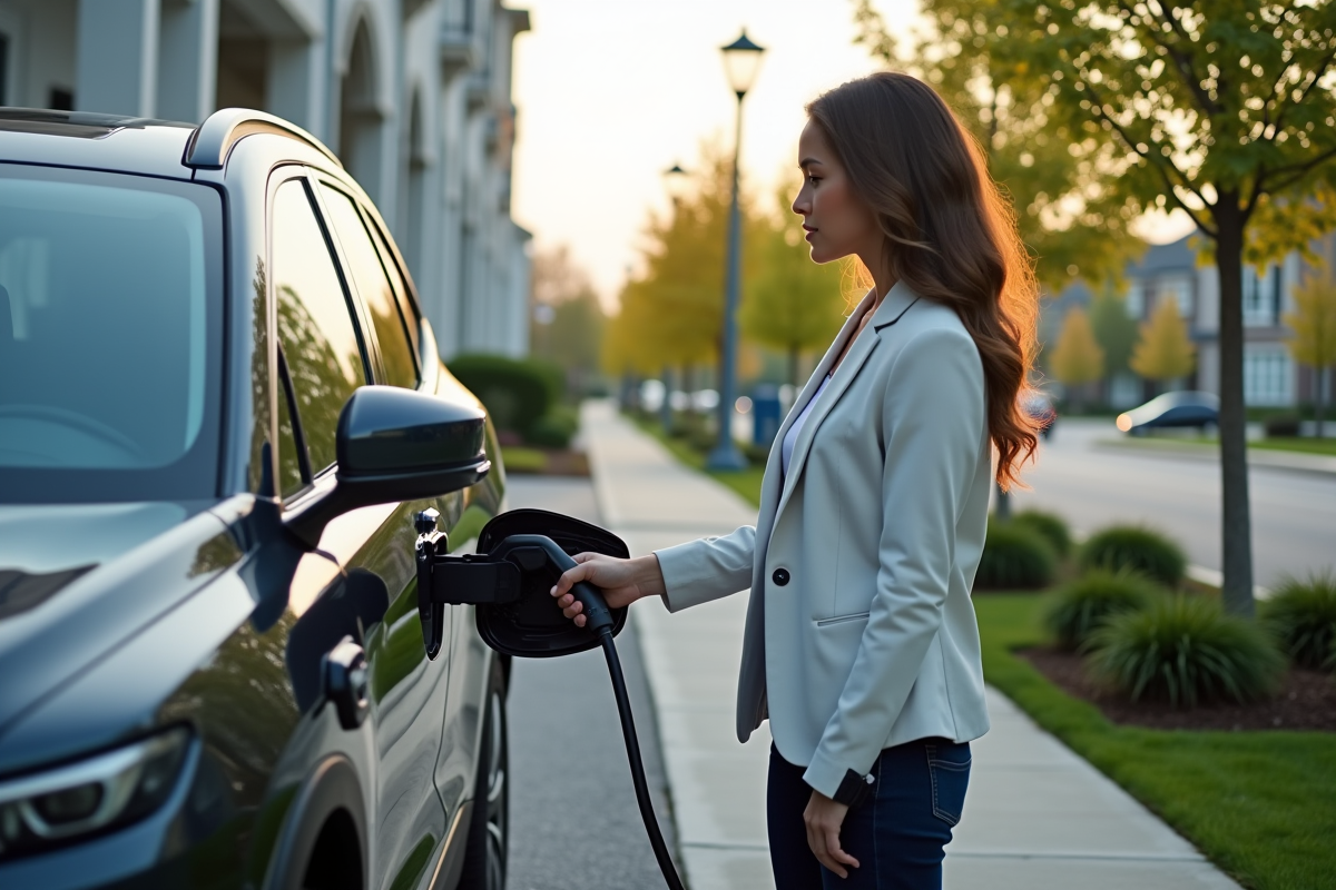 Jeune femme branchant une voiture hybride en banlieue