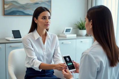 Femme en clinique esthétique utilisant un appareil d'analyse de peau