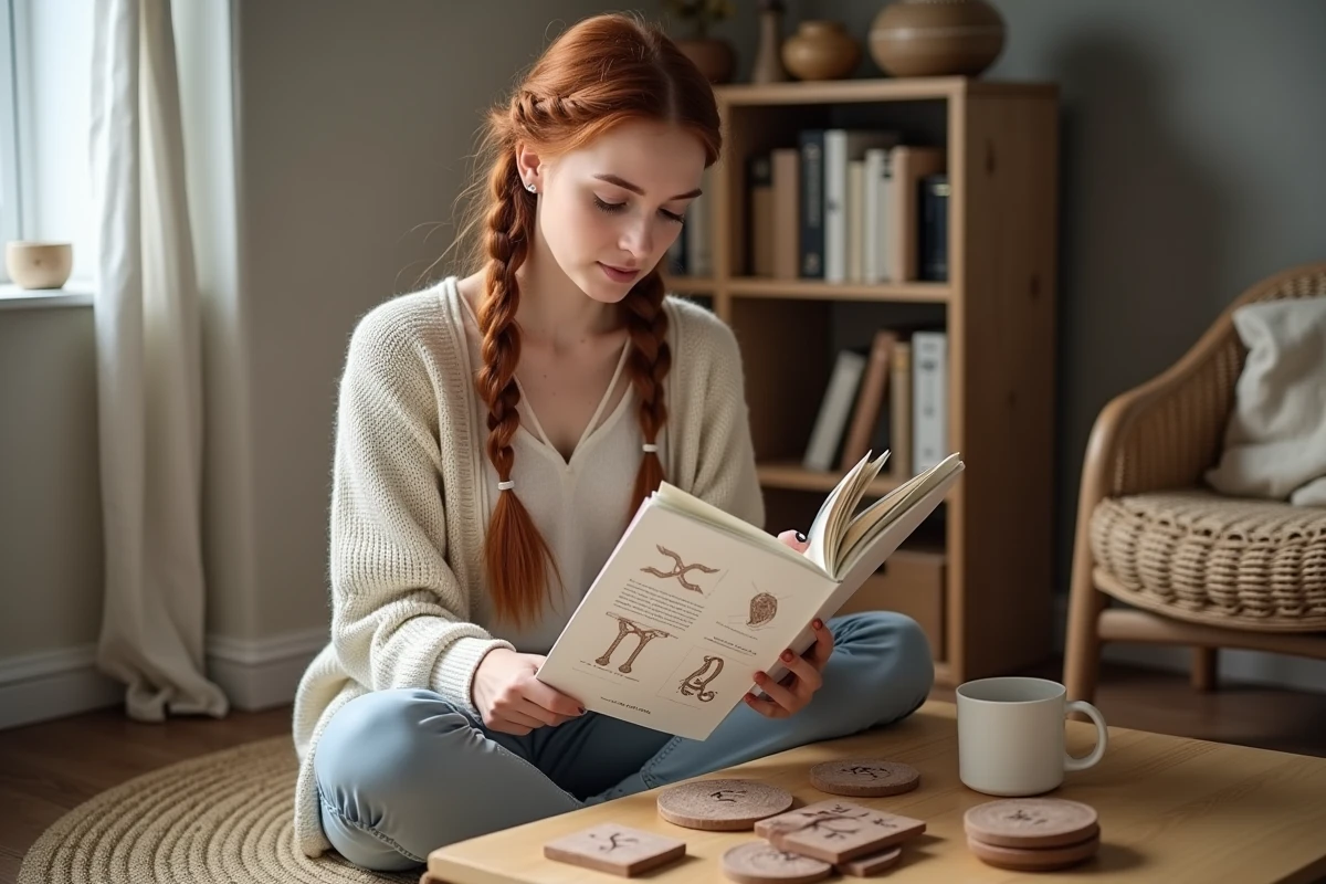 Jeune femme comparant un livre de référence sur les runes avec des tuiles en argile gravées posées sur un bureau en bois dans un espace de travail minimaliste