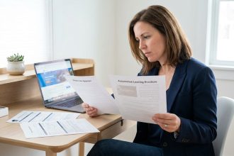 Femme comparant des offres de leasing auto en occasion sur des documents imprimés dans un bureau moderne