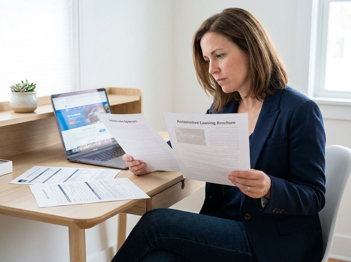Femme comparant des offres de leasing auto en occasion sur des documents imprimés dans un bureau moderne