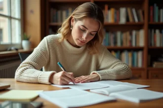 Femme comptant les pages d'un manuscrit posé sur un bureau en bois dans un bureau à domicile chaleureux