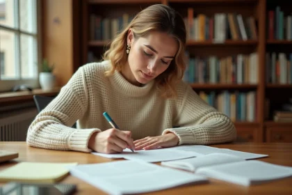 Femme comptant les pages d'un manuscrit posé sur un bureau en bois dans un bureau à domicile chaleureux