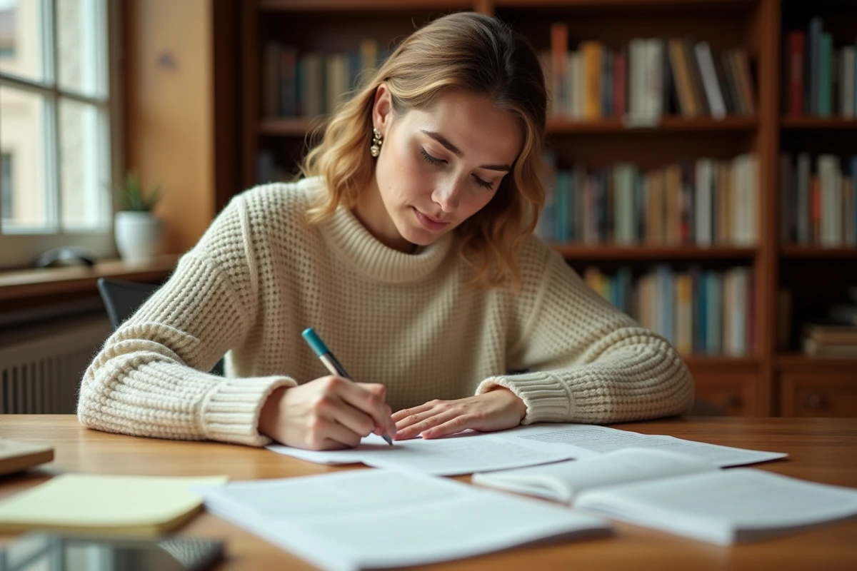 Femme comptant les pages d'un manuscrit posé sur un bureau en bois dans un bureau à domicile chaleureux