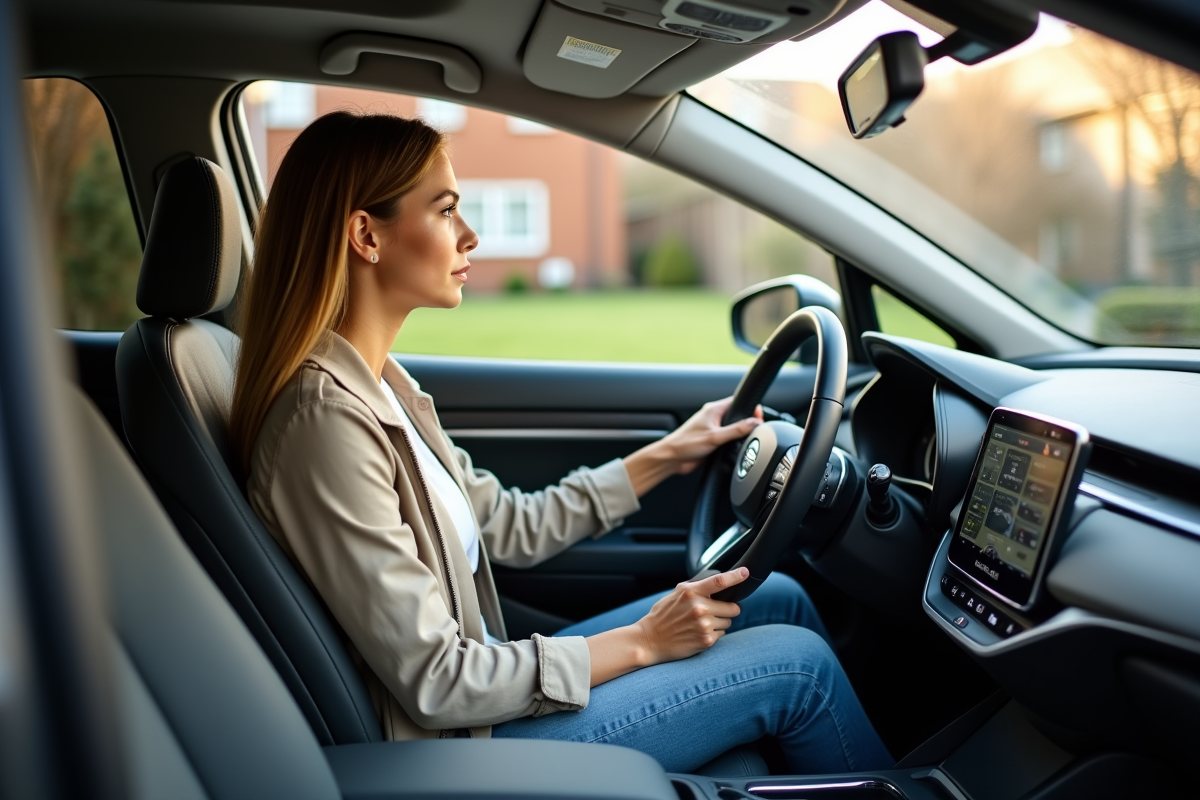 Jeune femme dans une voiture hybride regardant le tableau de bord