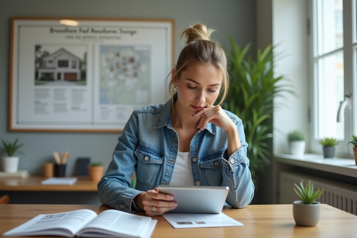 Femme réfléchissant à des biens immobiliers dans un bureau lumineux