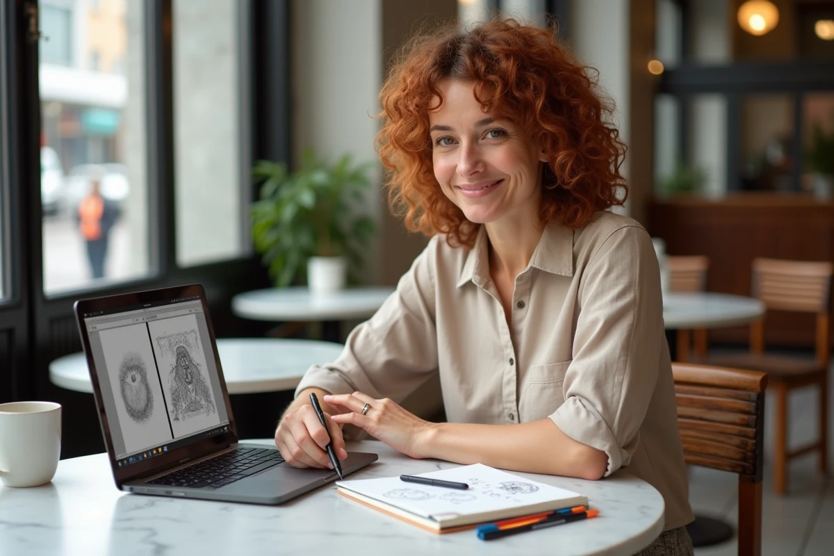 Femme transformant un croquis numérisé en pixel art sur ordinateur portable dans un café avec sketchbook et stylos sur table en marbre