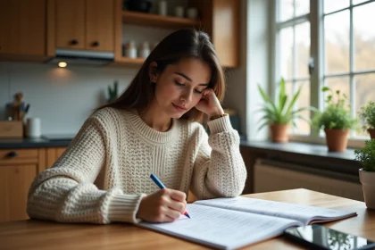 Femme concentr&eacute;e r&eacute;solvant un puzzle dans la cuisine chaleureuse