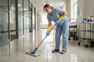 Femme de ménage en uniforme récurant le sol d'un couloir de bureau, illustrant les conditions de travail et les risques de maladie professionnelle