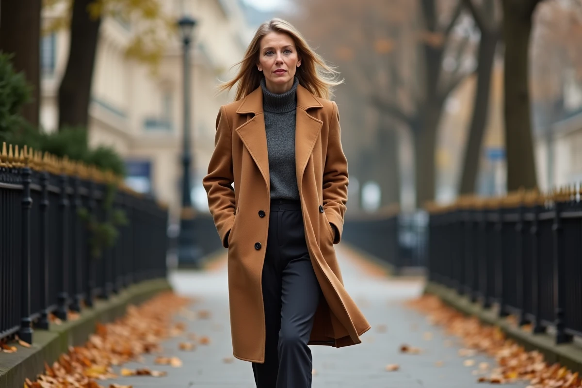 Femme déterminée marchant dans une avenue parisienne en automne symbolisant un nouveau départ personnel