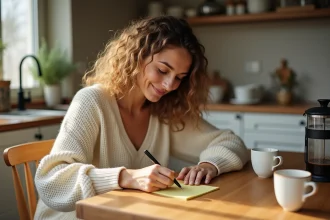 Femme écrivant un petit mot d'amour sur un post-it dans une cuisine cosy le matin