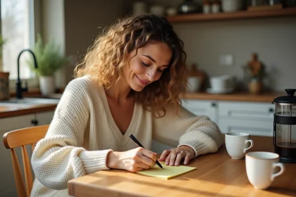 Femme écrivant un petit mot d'amour sur un post-it dans une cuisine cosy le matin