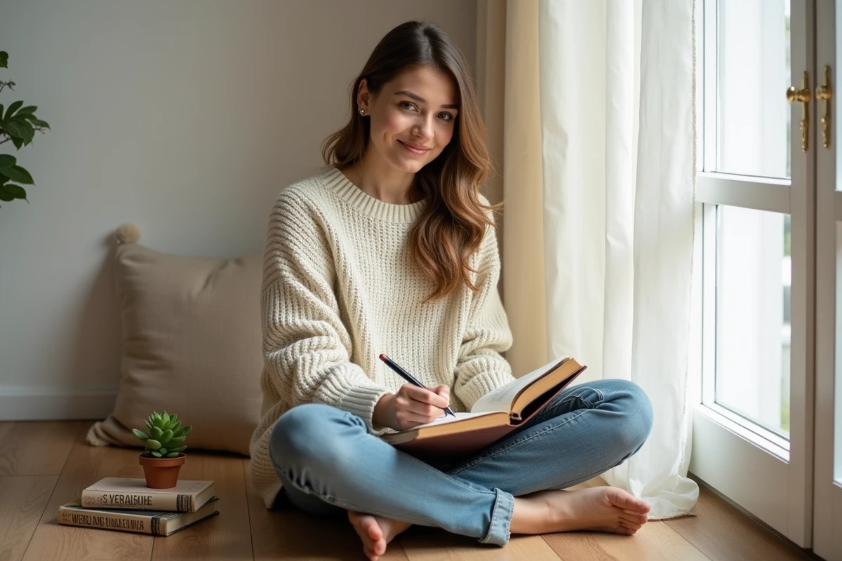 Femme écrivant des phrases romantiques en espagnol dans un journal en cuir près d'une fenêtre