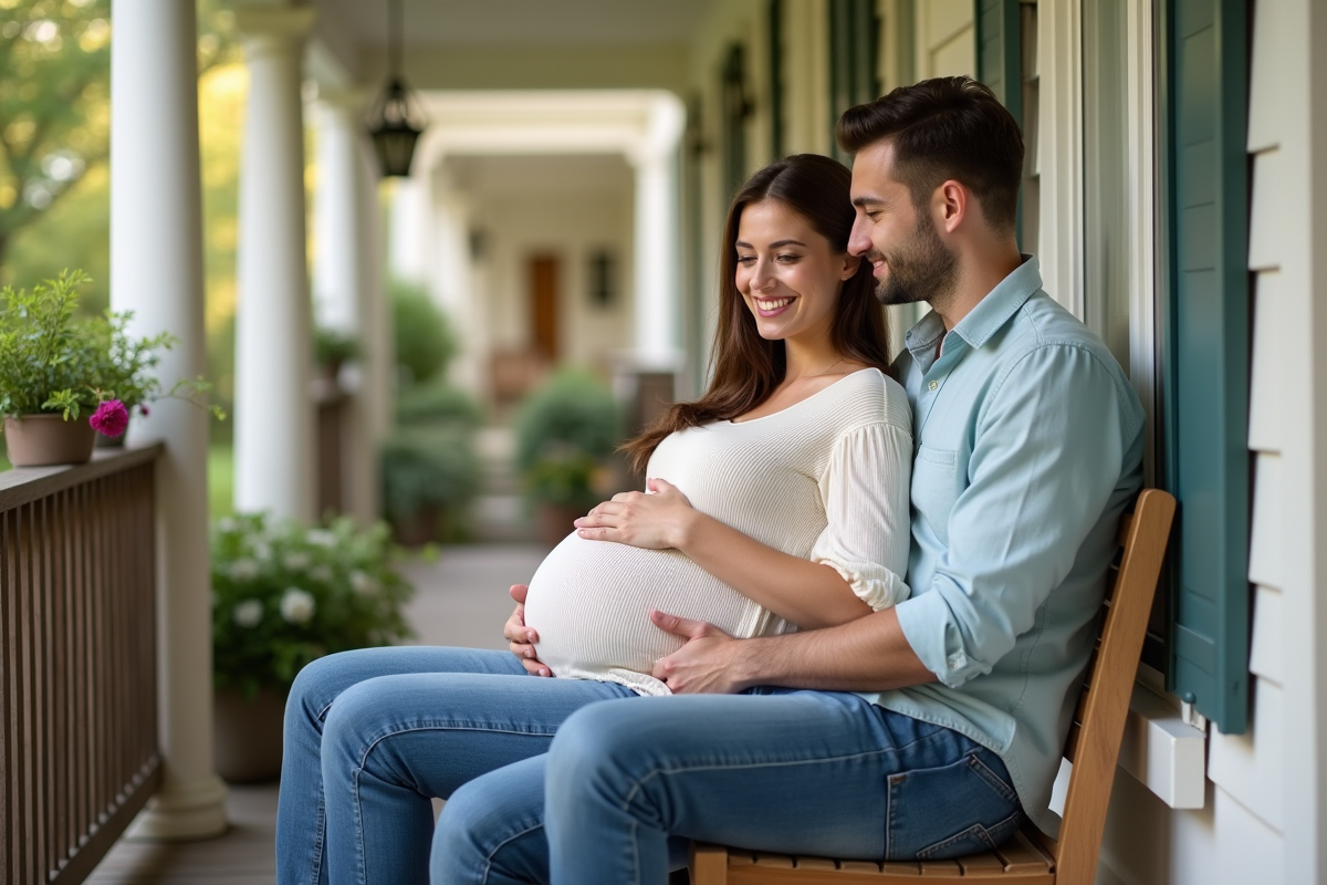 Femme enceinte souriante avec son mari sur un porche