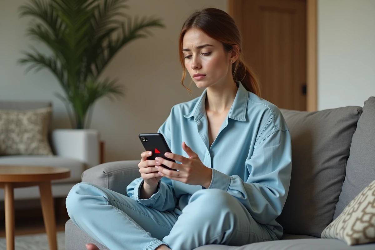 Femme consultant son smartphone affichant une erreur d'accès à 1jour1film depuis son salon