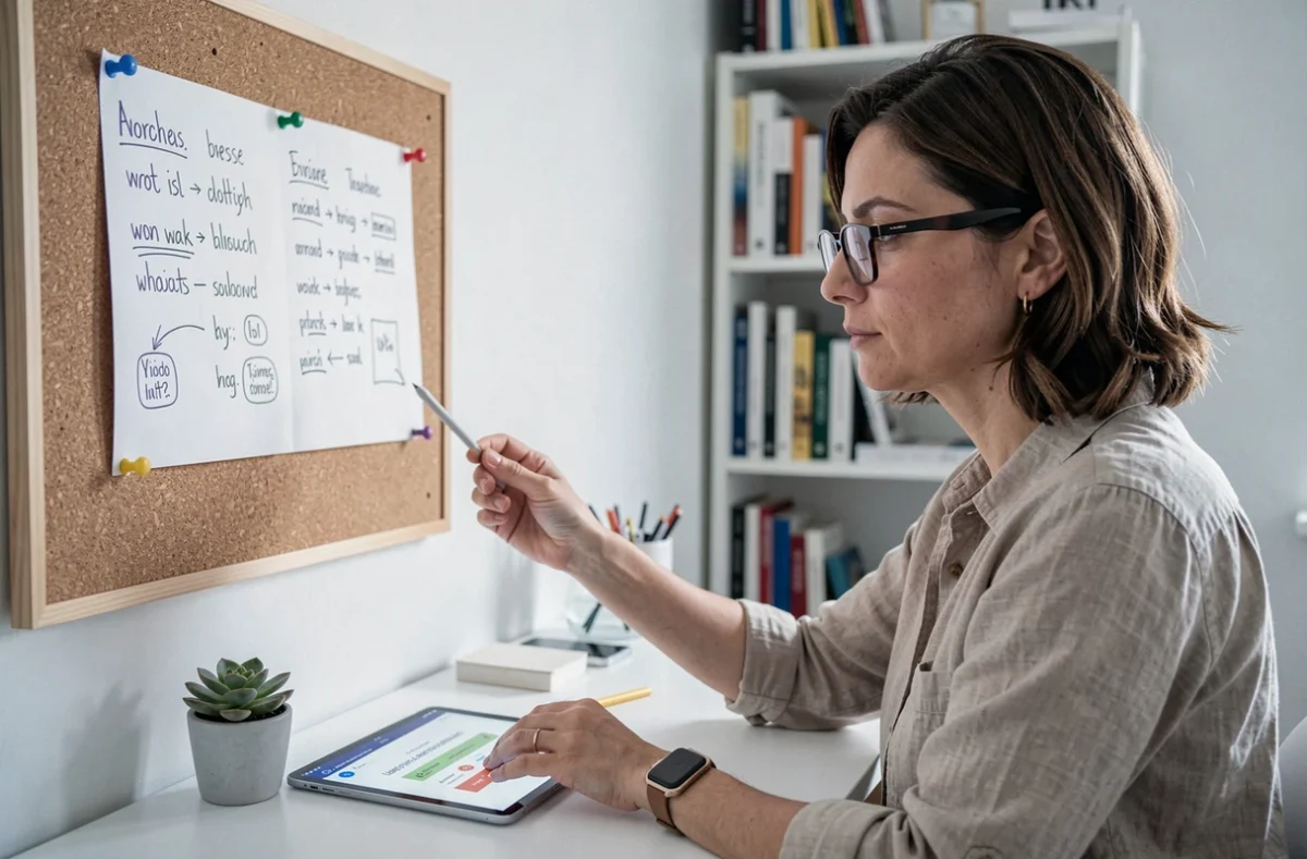 Femme étudiant un jeu pédantique de vocabulaire à son bureau comme méthode d'entraînement cérébral
