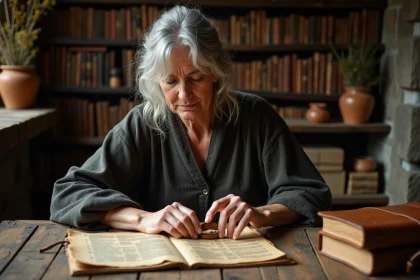 Femme experte étudiant un ensemble de runes en bois sculptées sur une table de travail ancienne entourée de manuscrits et de livres de référence