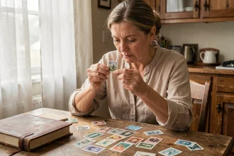 Femme examinant un timbre de collection avec une loupe sur une table en bois couverte de timbres vintage