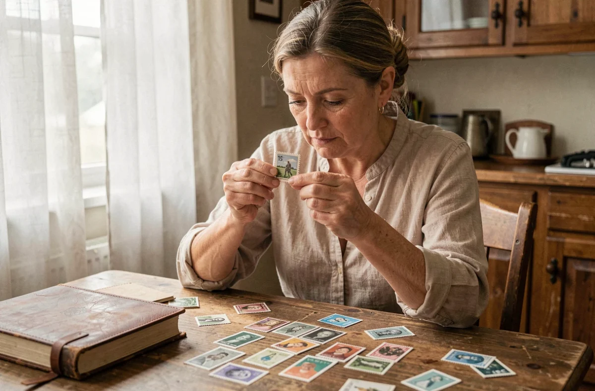Femme examinant un timbre de collection avec une loupe sur une table en bois couverte de timbres vintage