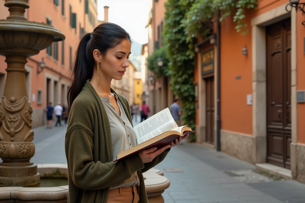 Jeune femme italienne avec guide devant fontaine ancienne