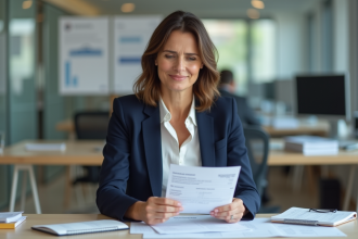 Femme française avec documents de voiture à un bureau